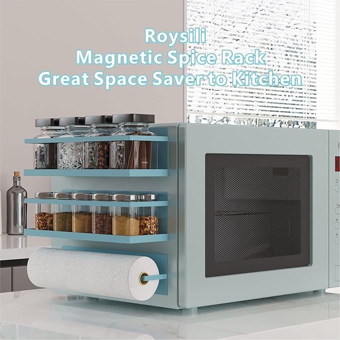 Magnetic Spice Rack For Refrigerator - Fridge Shelf Organizer, Blue 4 Pack With Magnetic Paper Towel Holder