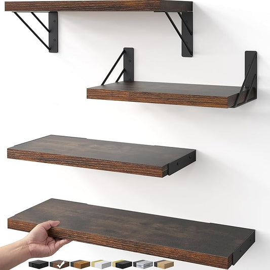 BAYKA Wall Shelves for Bedroom Decor, Floating Wall Shelves for Living Room Kitchen Storage, Wall Mounted Rustic Wood Floating Shelves for Kids Books, Corner Shelf for Bathroom(Rustic Brown，Set of 4)-NeatNest