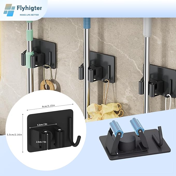 10 Pack Heavy Duty Mop and Broom Holder Wall Mount, No Drill Self Adhesive Stainless Steel Hanger with Hooks, Anti-Slip Tool Organizer for Bathroom, Kitchen, Garage, Laundry Room (10, Black)