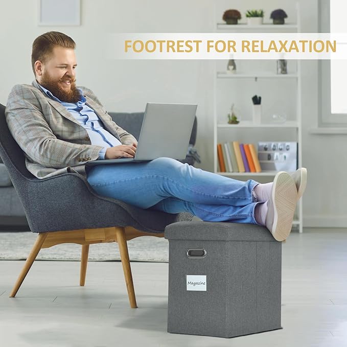 Tall Ottoman with Storage Collapsible Fabric Small Slim Folding Ottoman Furniture with Handles Lid for Room Footrest Foot Stool Linen Grey 16.5x16.5x11.8in