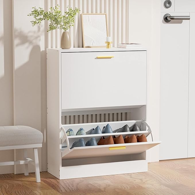 JOZZBY Shoe Cabinet Storage for Entryway, Slim White Hidden Shoe Organizer Cabinet with 2 Flip Drawers, Wooden Narrow Shoe Rack with 2 Tier Freestanding for Hallway, Living Room-NeatNest