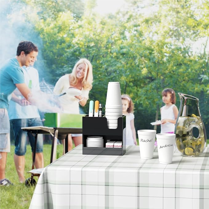 Coffee Condiment and Cup Organizer - 2-Tier Upright Cup and Lid Holder with Straw Organizer 3 Compartments Black Acrylic Cup Dispenser for Restaurant Breakroom Coffee Station Countertop-NeatNest