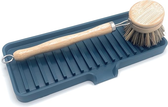 Happitasa Silicone Soap Dish Tray and Sponge Holder with Drain Chute | Bathroom and Kitchen Sink Organizer Caddy (Smoky Blue, 9"x3.5", 5.6 Ounces)-NeatNest