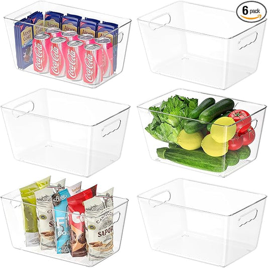 BALEINE Clear Plastic Storage Bins, Pantry Organization, BPA Free Stackable Refrigerator Organizers and Storage with Handles for Kitchen Fridge Cabinet Bathroom (6PK, 13x7.4x6.2)-NeatNest