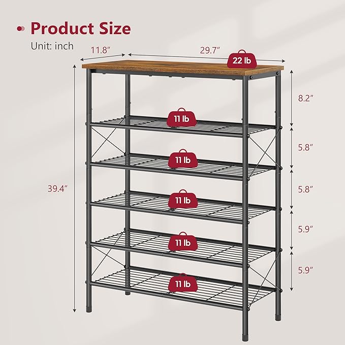 Tajsoon 6 Tier Free Standing Shoe Rack for 20-24 Pairs, X Shape Fixed Frame Metal Mesh Shoe Rack for Closet, Rustic Brown & Black-NeatNest