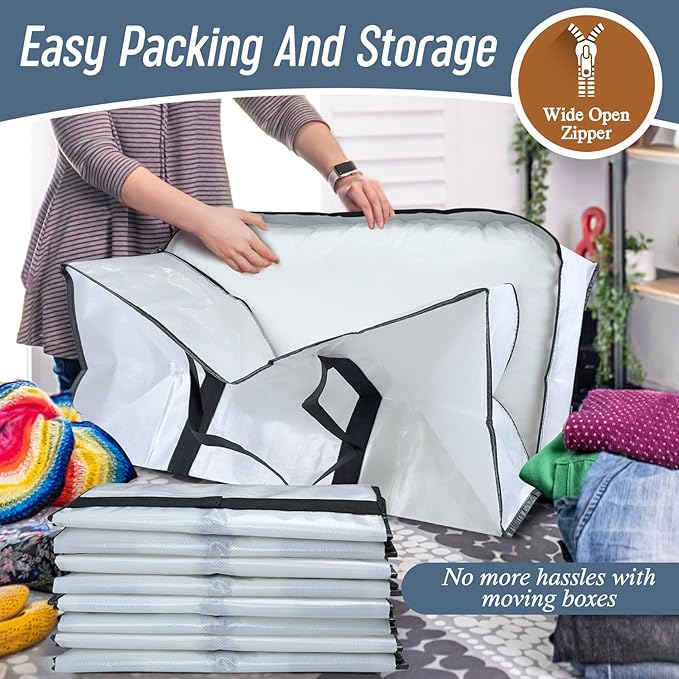 12 Pack Extra Heavy Duty Large Moving Bags with Strong Zipper & Comfortable Handles, Sturdy & Durable Clothes Storage Bags Totes Bins, Packing Moving Boxes for College Supplies, White-NeatNest