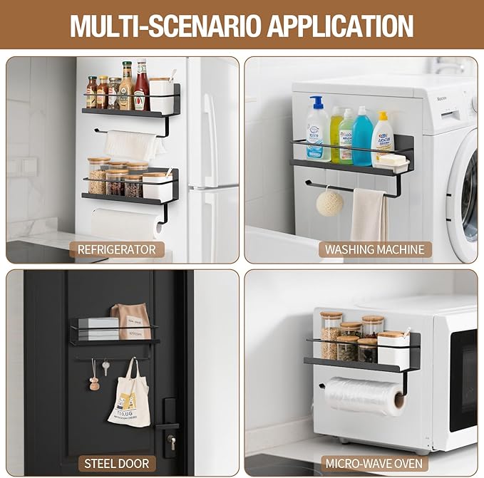 Magnetic Spice Rack Organizer with Paper Towel Holder for Refrigerator and Oven, Black Fridge Organizers and Storage Can Hold spices, Pepper, Small Things, Paper Towel
