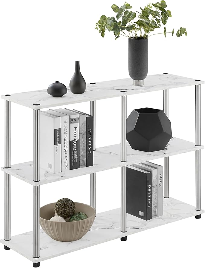 Convenience Concepts Designs2Go No Tools 3 Tier Wide Console Table 42" - Modern Accent with Shelves for TV Media Center, Office Desk Extension, Entryway Display, & Home Storage, White Faux Marble-NeatNest