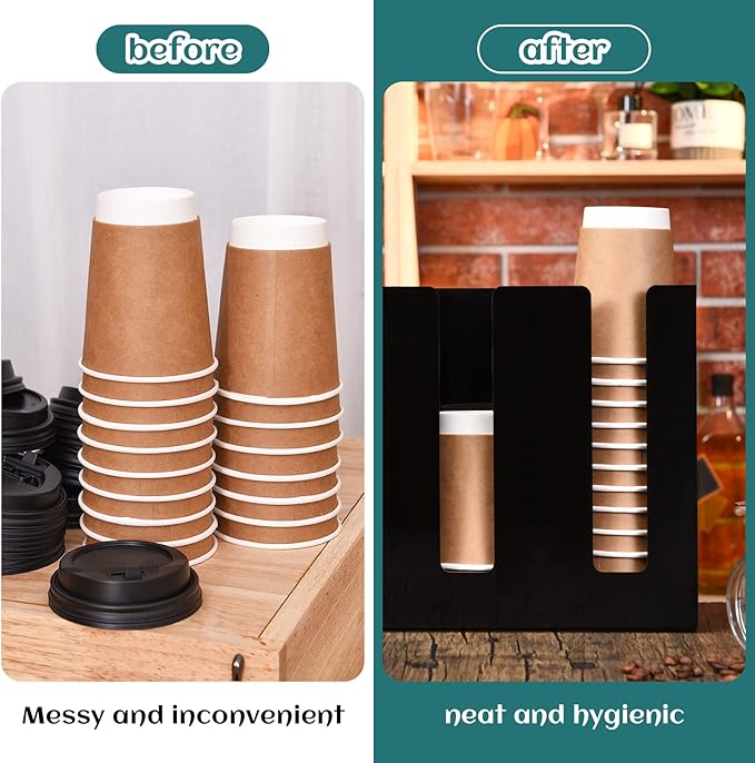 3 Compartments Acrylic Coffee Cup Dispenser Organizer Paper Cup Lid Sleeve Holder Organizer Coffee Shop Supplies Holder Storage for Counter Wall(Black)-NeatNest