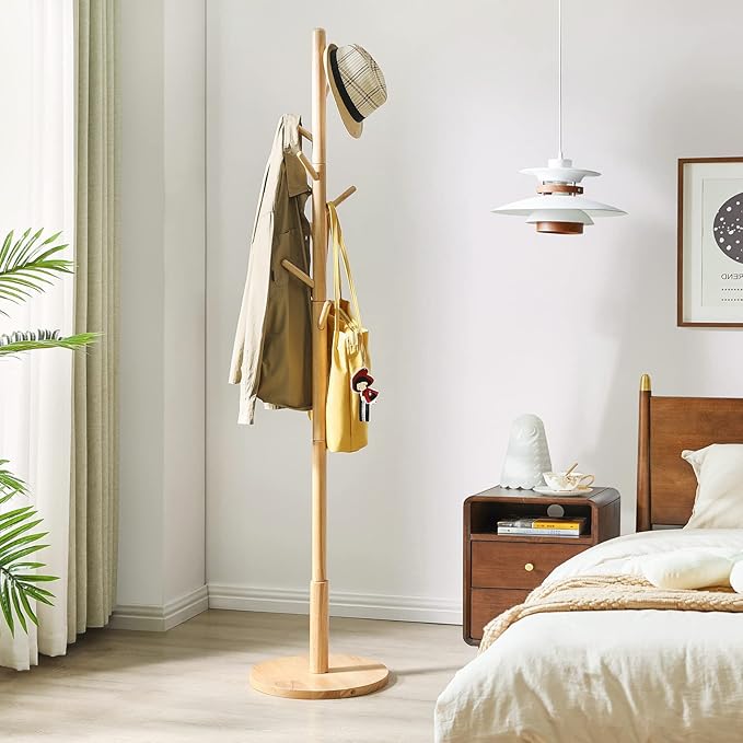 IBUYKE Coat Rack Stand, Freestanding Coat Tree with Solid Round Base and 8 Hooks, Easy Assembly Wooden Coat Hanger, Clothes Rack for Hallway Entryway, Living Room, Bedroom, Natural Color WD-115-NeatNest