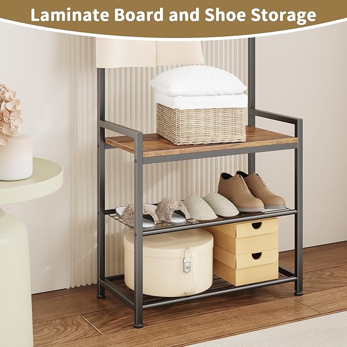 Coat Rack Hall Tree with Shoe Storage, Entryway Hall Tree Storage Bench, Wood Look Accent Furniture with Metal Frame, 3-in-1 Design, Rustic Brown-NeatNest