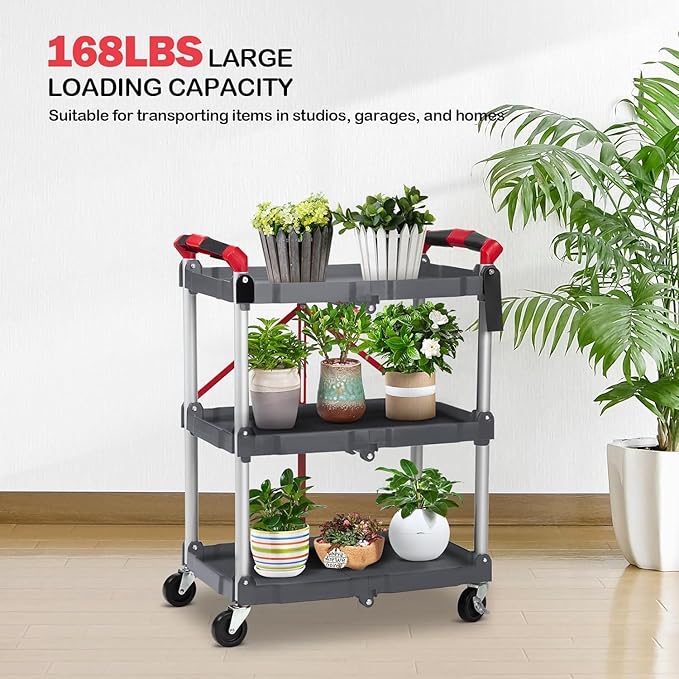 Folding Service Cart Collapsible 3 Tier Cart Portable Utility Service Cart with Wheels Aluminum Lightweight Push Cart for Office Warehouse, Home, Bar