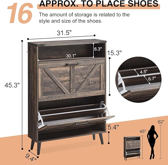 Shoe Storage Cabinet,Farmhouse Shoe Organizer with 2 Flip Drawers & Barn Door Design,Freestanding Hidden Slim Narrow Shoe Rack Cabinet with Open Storage for Entryway, Foyer,Hallway, Dark oak-NeatNest