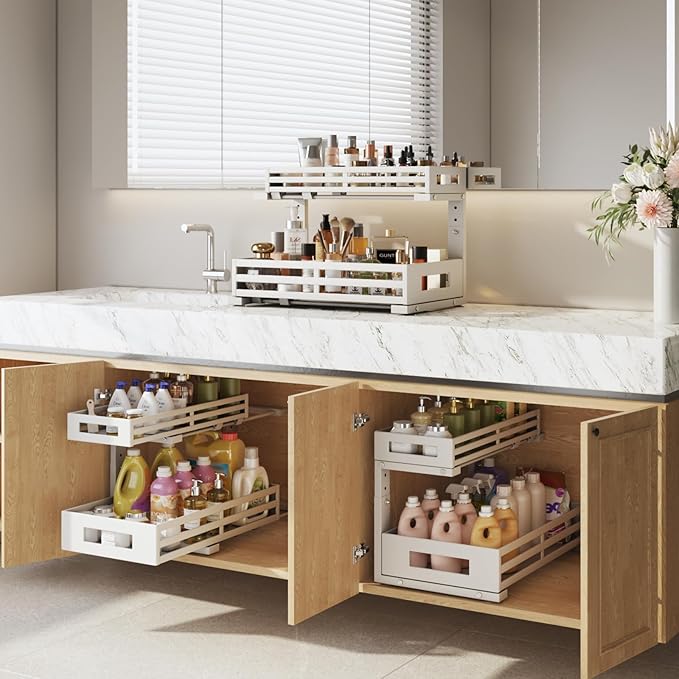 2-Pack 17"Deep Under Sink Organizer And Storage, 2-Tier L-Shaped Pull Out Cabinet Organizer with Upgraded Slide Rails, Height Adjustable Drawers for Kitchen&Bathroom, Extra-Large Storage Shelves–White-NeatNest