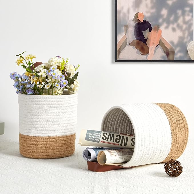DULLEMELO Small Hanging Basket with Handle Set of 2 Hanging Wall Baskets, Wall Hanging Baskets for Organizing Wall Plants, Key, Sunglasses Small Woven Basket,White&Brown-NeatNest