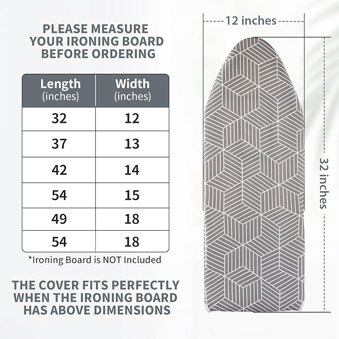 Over The Door Ironing Board Cover 13 x 37 inch, Small Iron Board Cover w Heat Reflective 3 Layers Thick Padding with Hook and Loop Fasteners (Gray Cube)
