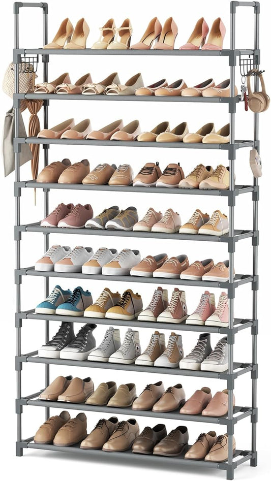 VTRIN 10 Tiers Shoe Rack Tall Large Capacity 50 Pairs Wide Shoe Organizer Sturdy Shoe Shelf for Entryway with Two Hooks Metal Shoe Storage for Closet, Bedroom, Grey-NeatNest