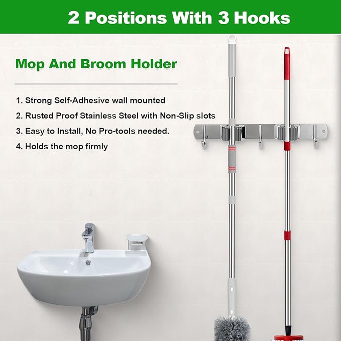 voze 2 Racks and 3 Hooks Mop and Broom Holder Wall Mount, Self Adhesive Heavy Duty Broom Organizer Storage Tool Racks for Kitchen Garden Laundry Garage-NeatNest