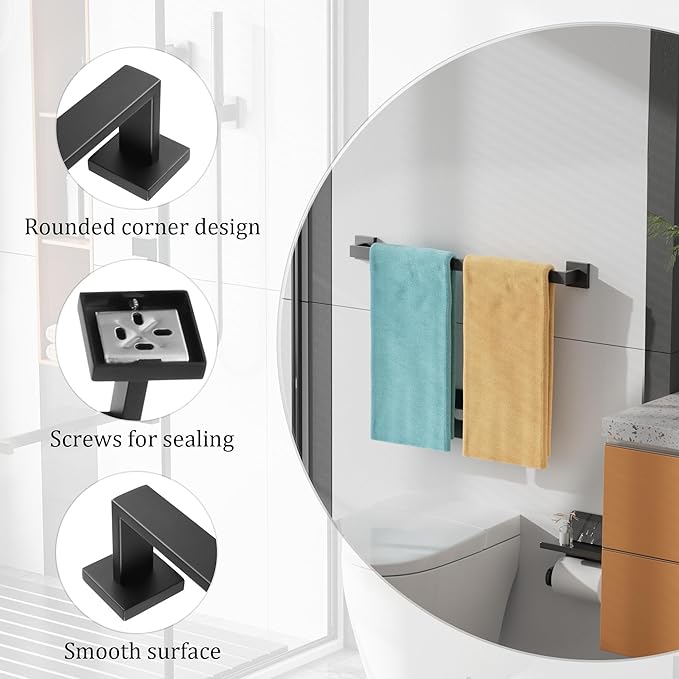 Alise Black Towel Bars,23.6 Inch Towel Holder Towel Racks for Bathroom and Lavatory,SUS304 Stainless Steel Hand Towel Hanger Rail Wall Mount,Useable Length 21.85 Inch Towel Bar, GYT060-B