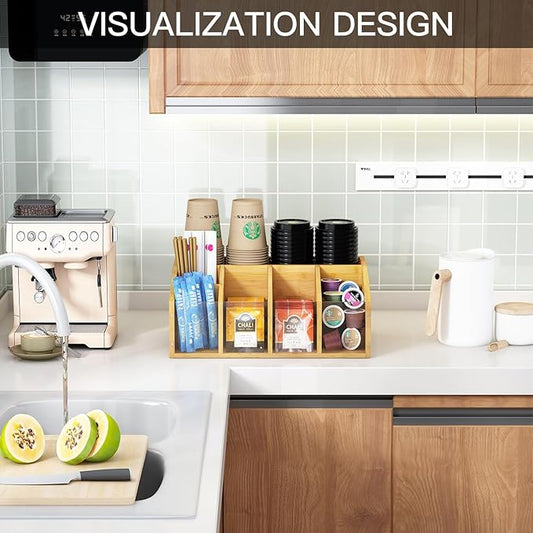 Coffee Station Organizer Condiment Organizer for Countertop Farmhouse Coffee Caddy with Removable Dividers Small Cute Office Bar Accessories for Tea Bags, Pods, Syrup, Cups, and Stirrer-NeatNest