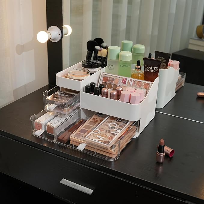 KLGO Makeup Organizer and Storage Cosmetic Display Case With 3 Clear Drawers Skincare Organizer for Bathroom Make Up Stand for Vanity Lipsticks, Jewelry, Nail Care, Eyeshadow, Skincare-NeatNest