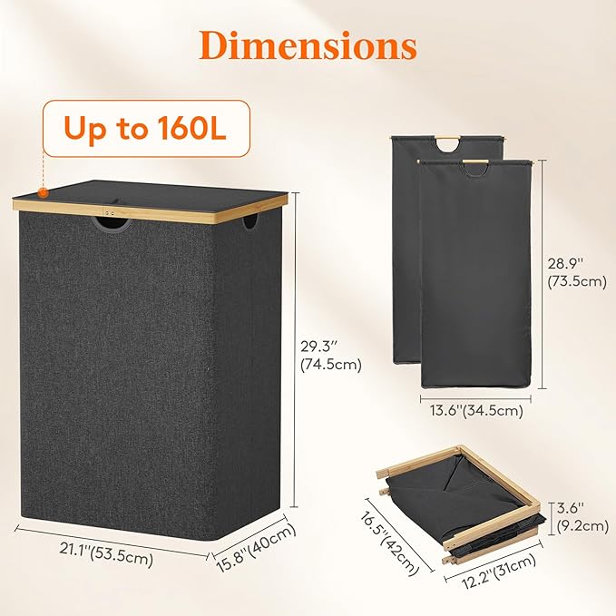 Lifewit 160L Double Laundry Hamper with Lid, Extra Large Bamboo Laundry Basket Dirty Clothes Hamper, 2 Section Laundry Bin Organizer for Laundry Room Bedroom with 2 Removable Liners & Bags, Black-NeatNest