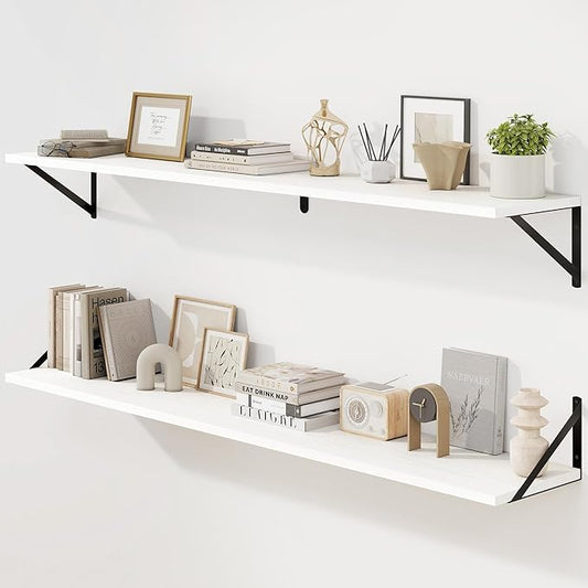 Fun Memories Deep Floating Shelves for Wall, 55W x 8D Wall Mounted Shelves Set of 2, Wide Display Ledge Shelf with Sturdy Metal Brackets for Living Room, Bathroom, Bedroom and Kitchen, White-NeatNest