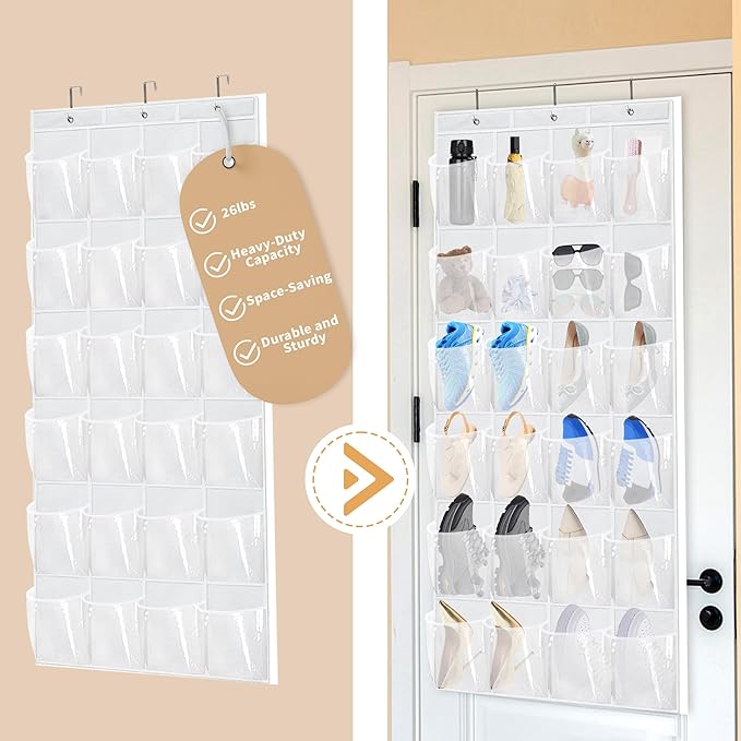 Over The Door Shoe Organizer - 2 Pack Shoe Rack for Door with 24 Pockets and Hooks, Shoe Holder Back of Door Organizers for Shoes, Hanging Shoe Organizer for Space Saving, White-NeatNest