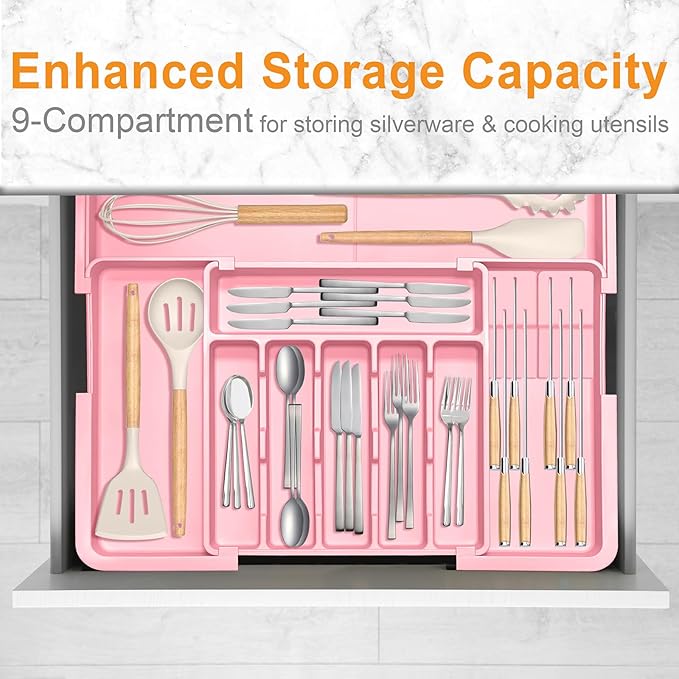 Homecor Silverware Organizer - Expandable Large Kitchen Drawer Organizer Utensil Organizer with 2 Knife Block Inserts, 22"x 19"Cutlery Tray with Drawer Dividers for Kitchen Flatware (Pink)-NeatNest