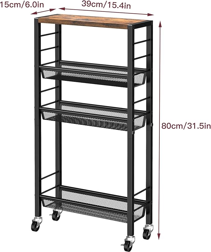 Slim Rolling Cart, 4-Tier Narrow Kitchen Storage Cart, Slim Utility Cart on Wheel, Skinny Bathroom Storage cart with Wood Tabletop, 6.0" Deep, for Kitchen, Dining Room, Living Room, Laundry Room