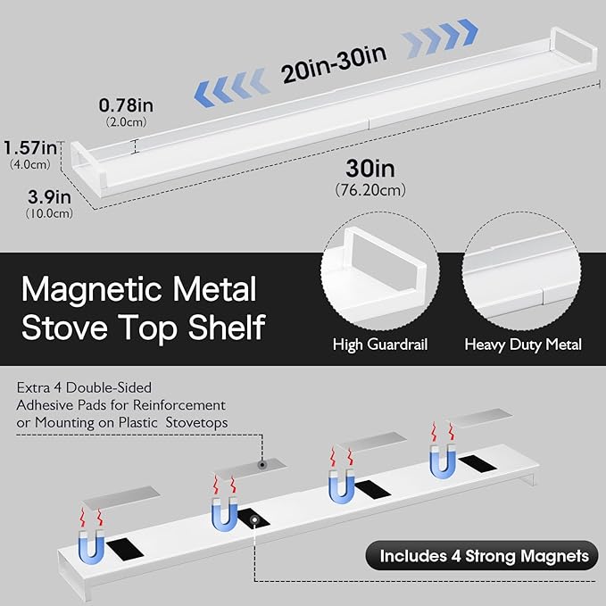 Bumusty 4X Strong Magnetic Rack for Stove Top, 30" Adjustable Oven Spice Rack, Seasoning Organizer Kitchen Shelves, Matte White-NeatNest