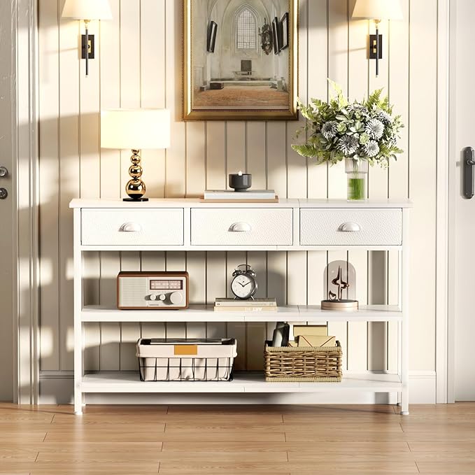 Furologee White Long 47" Console Sofa Table with 3 Drawers, Entryway Table with 3-Tier Storage Shelves, Display Shelf for Entry Way, Hallway, Couch, Living Room, Kitchen, Foyer-NeatNest