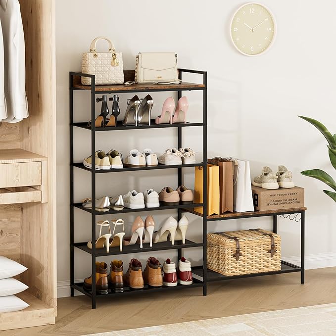 Shoe Rack Bench Storage Organizer for entryway,6-Tier Industrial Free Standing Shoe and Boot Racks with Seat,Entrance Shoe Rack Organizer Shelves for High Heels,Hallways, Closets,Brown,48.7in-NeatNest