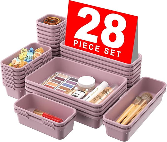 A-LuGei 【28PCS】 Drawer Organizer, Bathroom Organizers and Storage, Makeup organizer, Desk drawer organizer, Storage Bins for Kitchen Office Bedroom Vanity Jewelry Pantry Garage【Purple】【4Size】-NeatNest
