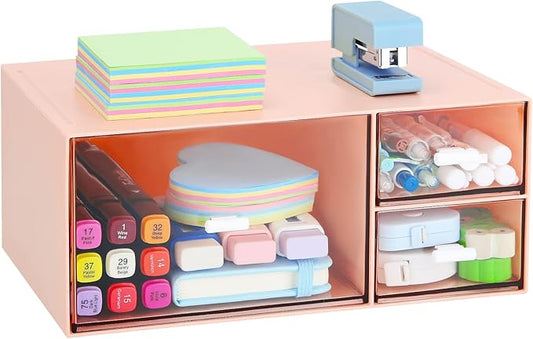 LETURE Desk Office Stationery Organizer with 3 Drawers, Desktop Vanity Makeup Organizer, Plastic Sundries Cosmetic Storage Organizer for Bathroom Counter or Dresser (Pink-3 Drawer)-NeatNest