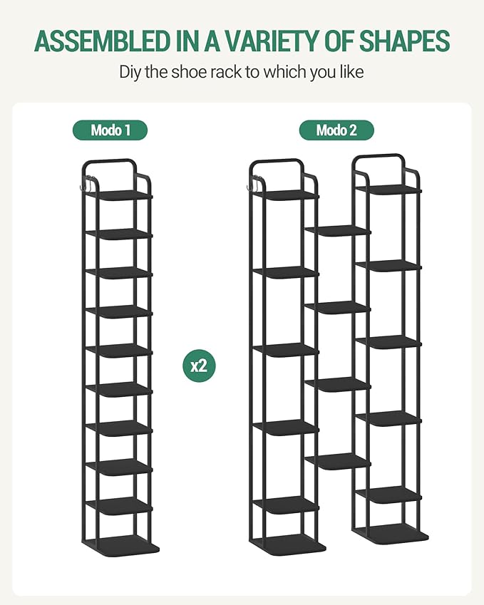Vertical Shoe Rack, Shoe Shelves, Wood Shoe Organizer for Closet, Entryway, Shoe Tower for Small Spaces, Free Standing, Adjustable, with 2 Hooks, 10 Tier Black SR11204B-NeatNest