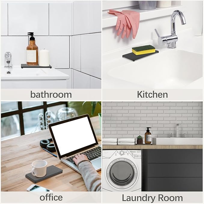 2 Pcs Water Absorbing Stone Trays, Kitchen/Bathroom Sink Soap Dish, Diatomite Tray Used for Hand Soap & Cosmetic Bottles in The Modern Home, 4" W x 8.3" L, Dark Gray-NeatNest