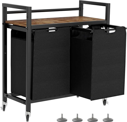 Laundry Hamper, Laundry Basket, Laundry Sorter with 2 Removable Bags, Clothes Basket with 2 Compartments, Wheels, Shelf for Laundry Room Bathroom Bedroom (2 Bags-Black)-NeatNest