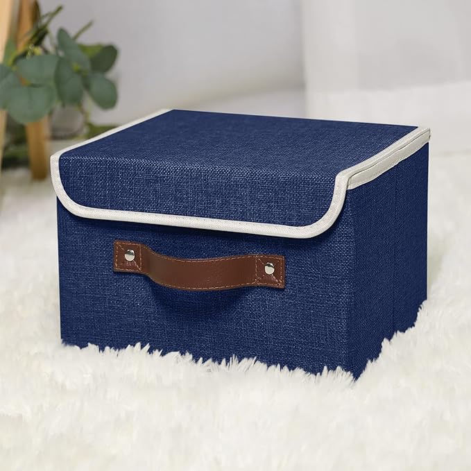 ANMINY 4PCS Storage Bins with Lid PU Leather Handles Storage Boxes PP Plastic Board Decorative Foldable Lidded Cotton Linen Fabric Home Cubes Baskets Closet Organizer Containers - Blue, Large Size-NeatNest