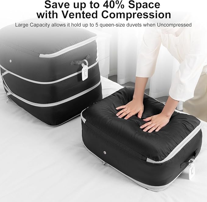 Comforter Storage Bag - Large Capacity Blanket Storage Bags 3-Layer Ultra Space Saving Self Compression Organizer, Washable Compression Bags for Storage Comforter Blanket, 8-Pack, Black-NeatNest