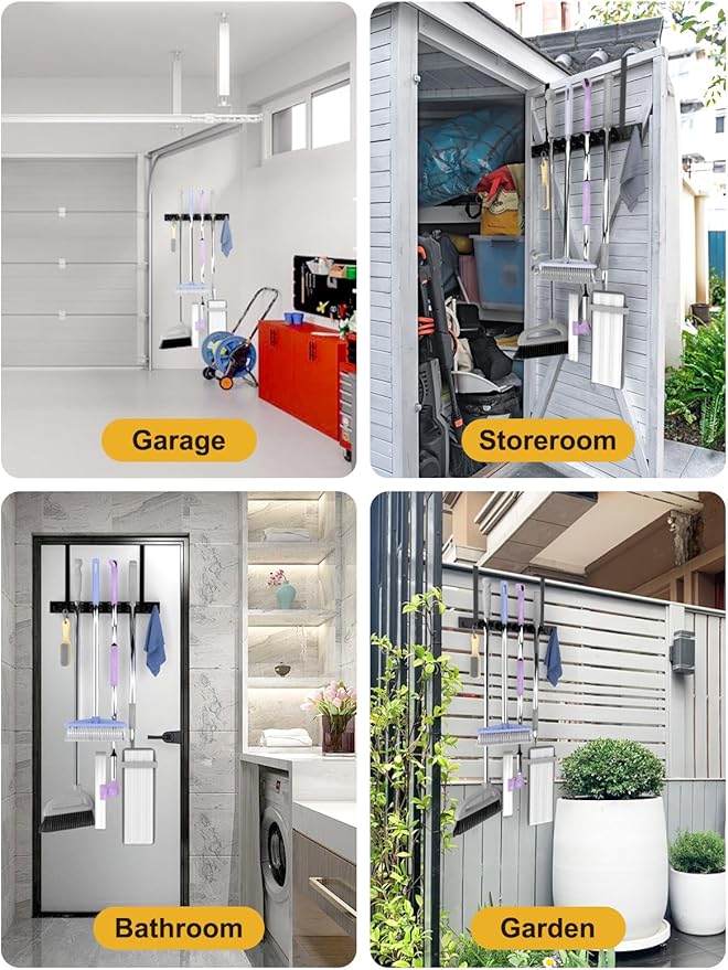 Broom Holder Door Mount, Over the Door Broom and Mop Holder, Drilling-Free Wood Mop Holder with 2 over Door Hooks, 4 Slots & 4 Hooks Rusticfor Garage, Closet, Laundry (Black*2)-NeatNest