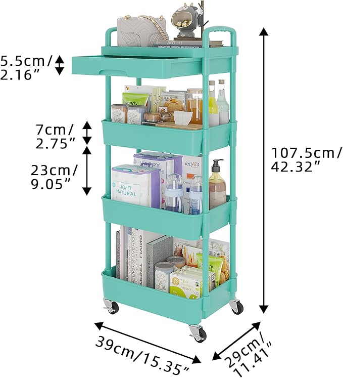 Calmootey 4-Tier Rolling Utility Cart with Drawer,Multifunctional Storage Organizer with Plastic Shelf & Metal Wheel,Storage Cart for Kitchen,Bathroom,Living Room,Office,Green-NeatNest