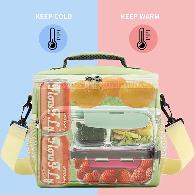 FlowFly Insulated Reusable Lunch Bag Adult Large Lunch Box for Women and Men with Adjustable Shoulder Strap,Front Zipper Pocket and Dual Large Mesh Side Pockets,Light Matcha-NeatNest