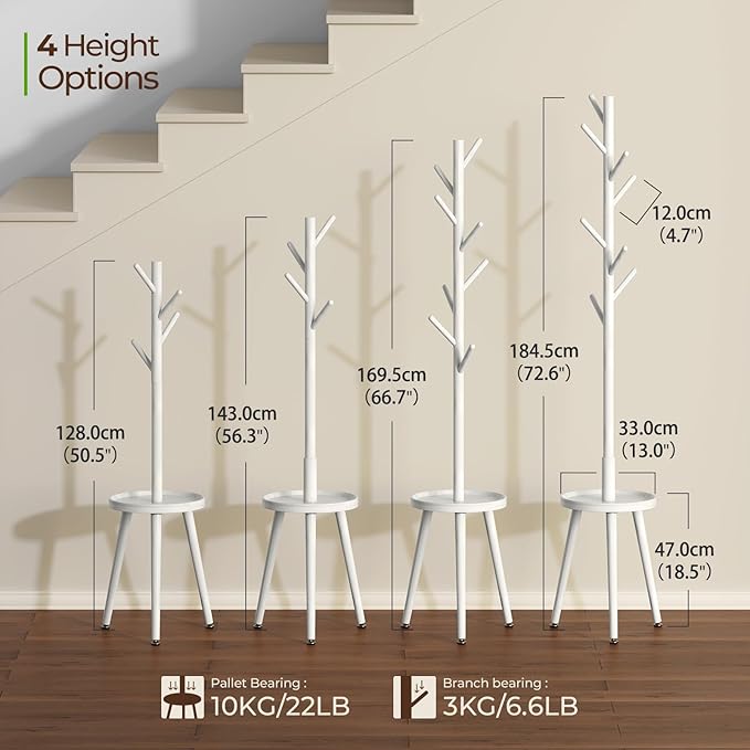 GREENSTELL Coat Rack with 8 Hooks, Wooden Coat Rack Freestanding with Shelf, Coat Tree with 4 Height Options 50.5"-72.6", Coat Hanger Stand for Bags, Clothes, Umbrellas, Hats, in Home, White-NeatNest