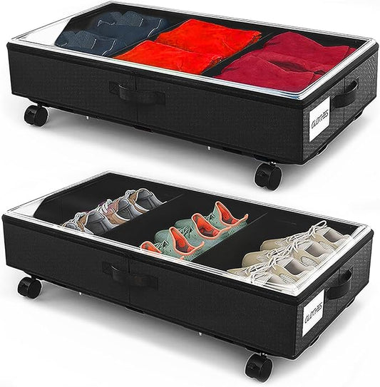 2 Pack Under Bed Storage Rolling Metal Frame Underbed Containers with Wheels Lid Visiable Window Storage Bag Box Organizer Home Closet Organization Drawer Bins for Clothes Shoes Toys Blanketss Black-NeatNest