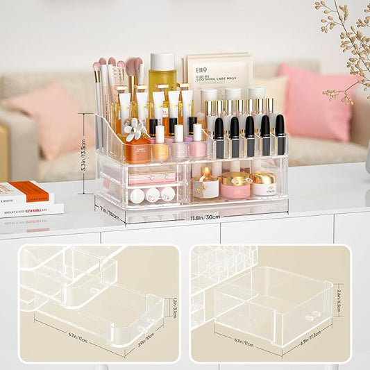 Clear Makeup Organizer for Vanity, Large Acrylic Bathroom Organizer Countertop with 3 Storage Drawers, Skin Care Organizer Storage Cosmetic,Nail Polish, Jewelry, Great for Stationery-NeatNest