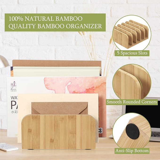 Desk Mail Organizer Bamboo File Holders Countertop Paper Organizer Letter Sorter 5 Compartments Envelope Holders with Anti Slip Mat for Home Office School Desktop Document Storage