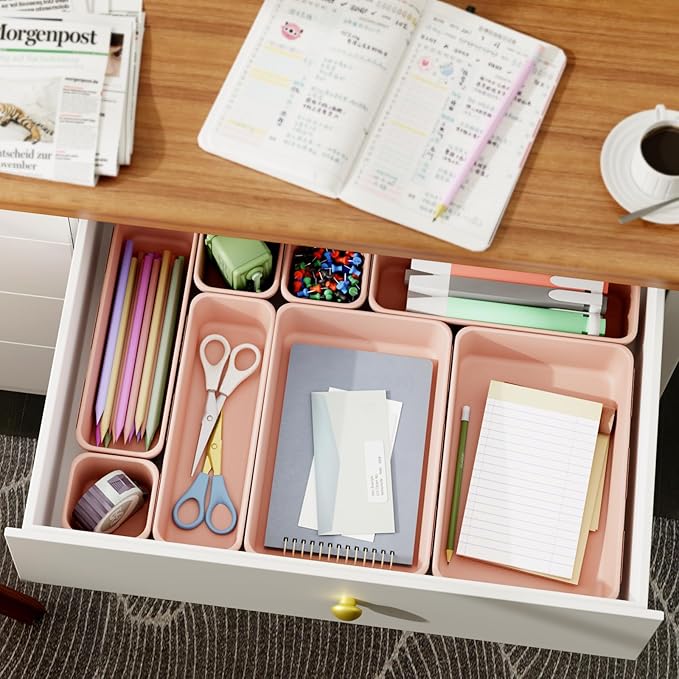 45 Pack Pink Plastic Drawer Organizer Trays - 3-Size Storage for Kitchen, Bathroom, Office, Vanity, Makeup, Utensils, Junk Drawer Organizer Bins, Gadget Trays-NeatNest