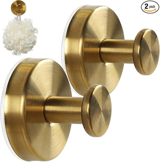 2 Pack Suction Cup Hooks for Shower, Exquisite Metal Shell & No Drill suction hooks for shower wall for Bathroom Wall, Kitchen, Glass, Mirror, Tile to Hang Towels, Robes, Loofah - Wire-Drawing Gold