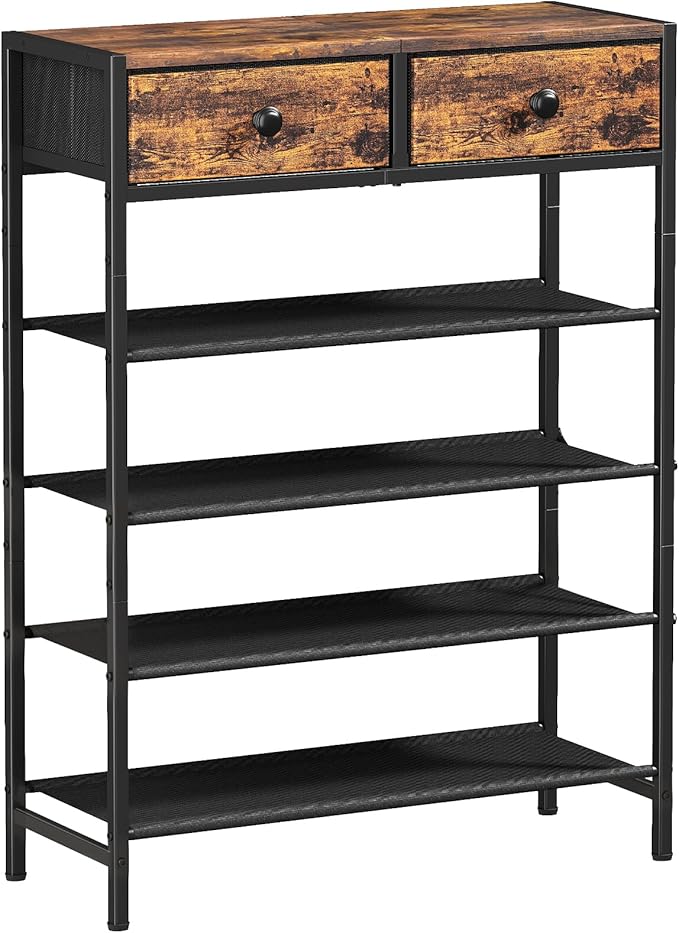 Shoe Rack, 5 Tier Shoe Organizer with 2 Drawers, Metal Shoe Storage for 16-20 Pairs of Shoes with Fabric Shelves and Wooden Top, Narrow Shoe Shelf for Closet Entryway Rustic Brown-NeatNest